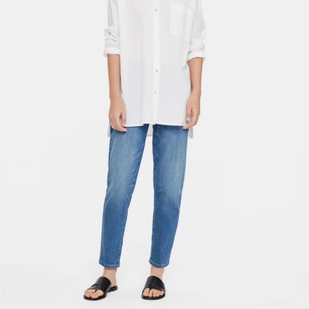 Eileen Fisher Organic Cotton Tapered Ankle Jeans 12 Minimalist Denim Pants